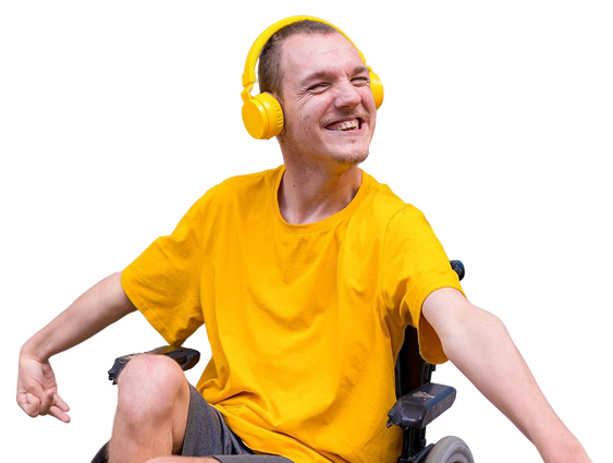 Disabled person in wheelchair listening music with headphones-enjoying smiling